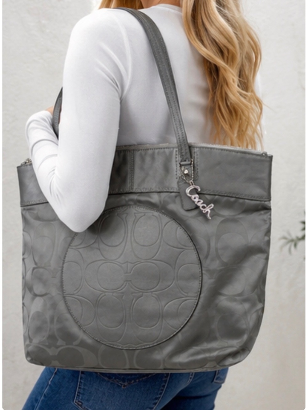 Coach Gray Signature Large Nylon Tote Bag Leather Trim Zip Top